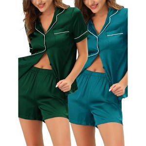 cheibear Women's 2 Packs Satin Button Down Sleepwear Shirt with Shorts Pajama Sets - 1 of 4