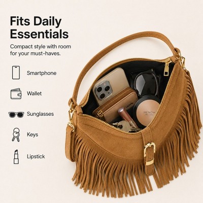 Alilang Women's Studded Fringe Crossbody Bag Suede Look Crescent Shoulder Purse with Adjustable Strap - Brown — фото 4
