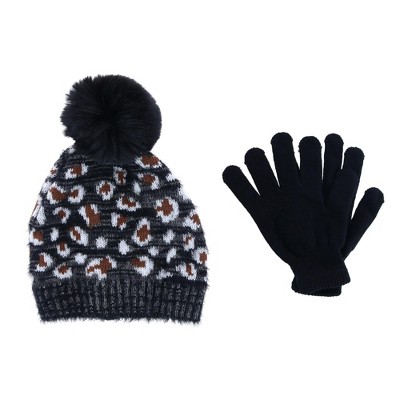 CTM Girl's 7-14 Leopard Print Winter Pom Hat and Glove Set by Connex Gear