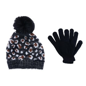 CTM Girl's 7-14 Leopard Print Winter Pom Hat and Glove Set by Connex Gear - 1 of 4