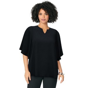 Roaman's Women's Plus Size Notch-Neck Flutter-Sleeve Blouse - 1 of 4