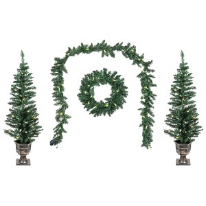 Good Tidings Classic Holiday 4- Piece Porch Set, Lit Wreath, Garland and 2 Trees - 1 of 4
