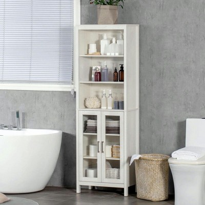 Resenkos Tall Bathroom Storage Cabinet with 3 Tier Shelf, Glass Door Cabinet, Freestanding Linen Tower, Antique White