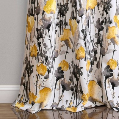 Yellow and Gray Floral Polyester Room Darkening Curtain Panels