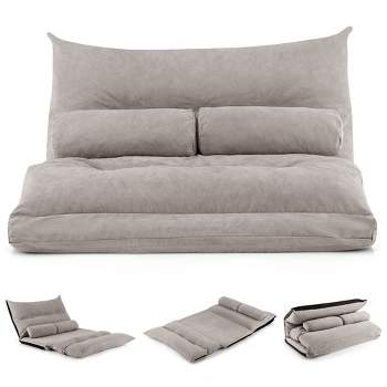 Costway Convertible Lazy Sofa Bed with 42-Level Adjustable Backrest&2 Lumbar Pillows Gray/Beige