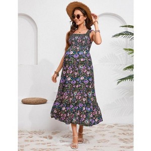 Coolmee Women's Maternity Dress Boho Spaghetti Strap Square Neck Dress Floral Casual Ruffle Nursing Maxi Dress Baby Shower - 1 of 4