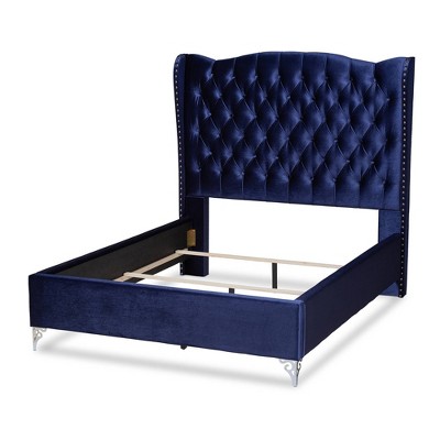 Luxurious Navy Blue Velvet Queen Bed with Tufted Wingback Headboard