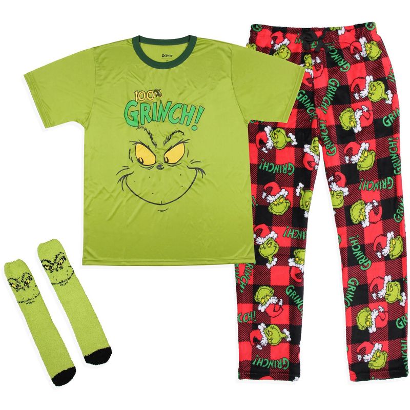 Dr. Seuss The Grinch Men's Pajama Pants Shirt and Socks 3 Piece Pajama Set, 2 of 8