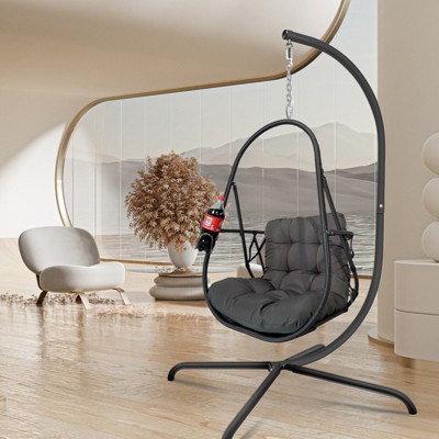 VisioGear Egg Chairs, Patio Egg Chair with Stand, Patio Hanging Egg Chair with Cup Holder for Bedroom Living Room Balcony, Black, 38"*38"*78"