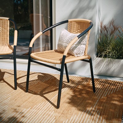 Beige Rattan and Black Steel Patio Dining Chairs, Set of 2