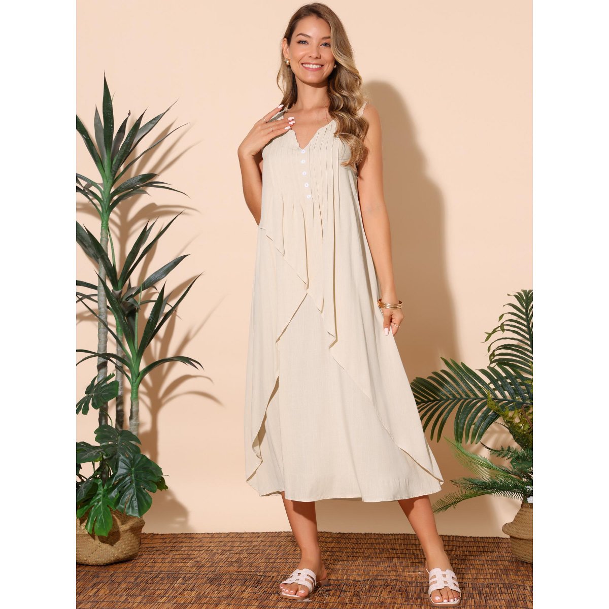 Женские платья INSPIRE CHIC Women's Summer Sleeveless V Neck Button Decor Flowy Maxi Tank Beach Dress Apricot Small 2 Packs Apricot/Black Small — фото 4