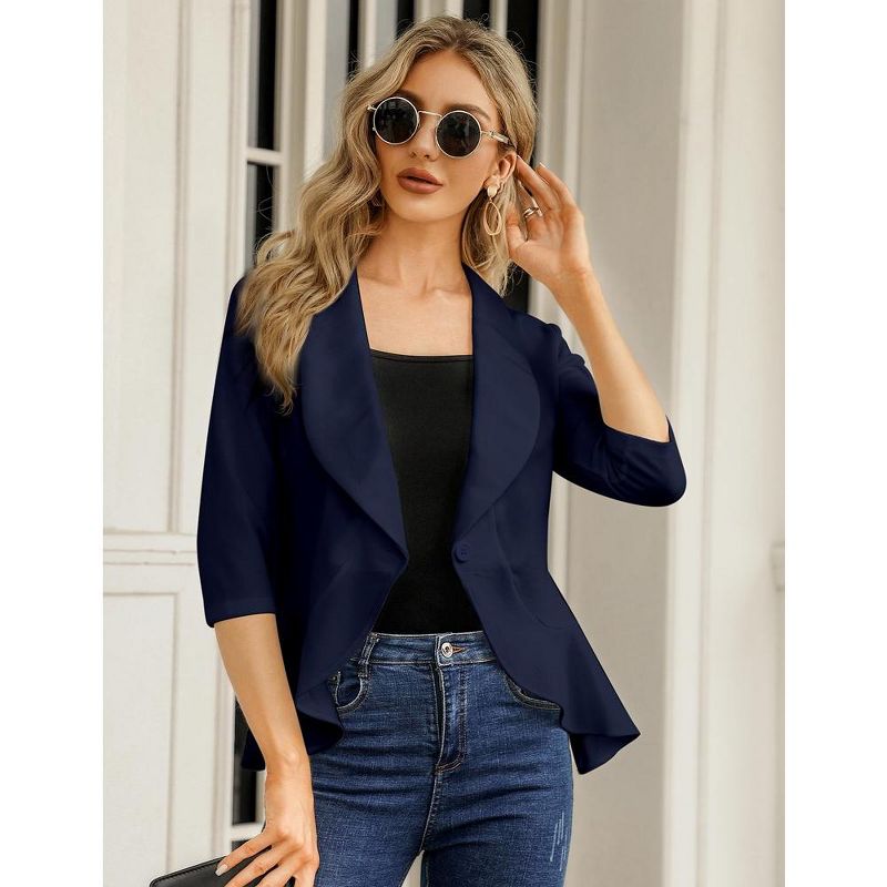 Womens Casual Blazer 3/4 Sleeve Open Front Ruffle Work Office Cardigan Suit Jacket, 3 of 7