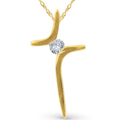 Pompeii3 Diamond Cross Pendant Round Solitaire 10K Yellow Gold 17mm tall