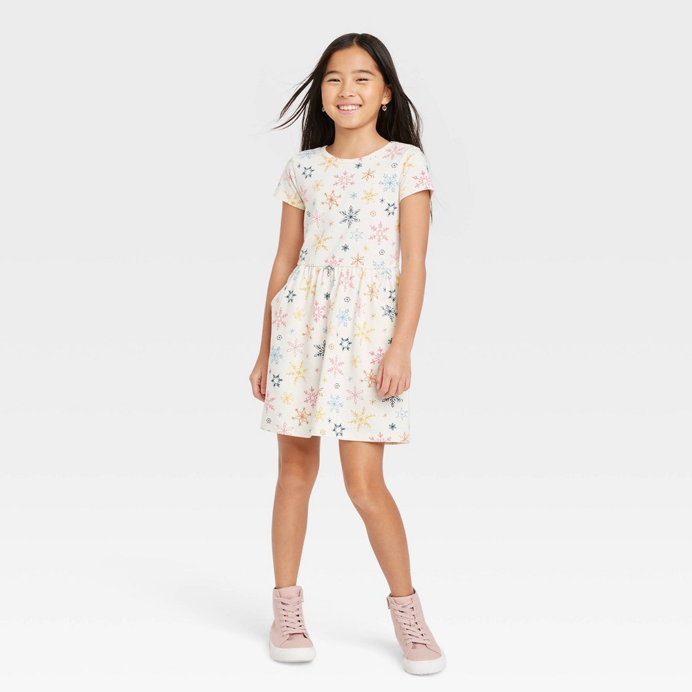 Girls' Printed Short Sleeve Dress - Cat & Jack Light Cream XS, Light Ivory