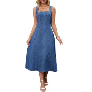 INSPIRE CHIC Women's Sleeveless Square Neck Cute Swing A-Line Midi Denim Dresses - 1 of 4