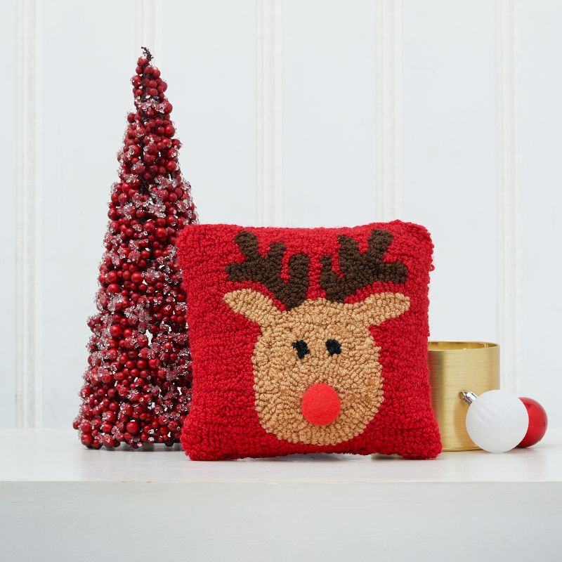 C&F Home 8" x 8" Reindeer Games Reindeer with Red Nose on Red Background Petite Accent Hooked Christmas Pillow, 4 of 7