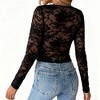 Women's Back See-Through Floral Lace Long Sleeve Fitted Blouse Tops with Deep V-Neck - 4 of 4