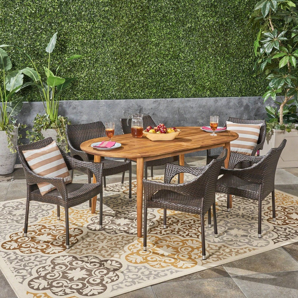 Fayette 7pc Acacia Wood and Wicker Dining Set - Brown - Christopher Knight Home -  76445584