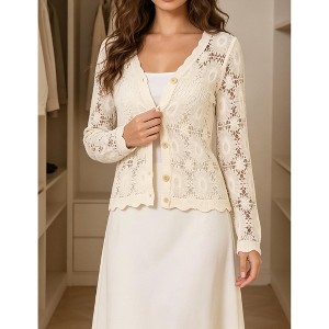 Women Floral Crochet Lace Cardigan V‑Neck Button‑Front Long Sleeve