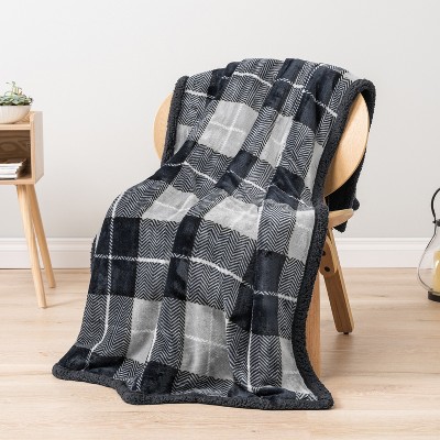 Charcoal Gray Plaid Sherpa Fleece Reversible Throw Blanket, 50" x 60"