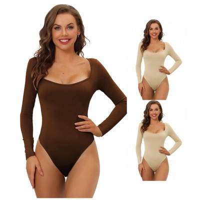 Allegra K Women's Long Sleeve Slim Fit Stretchy Square Neck Leotard Jumpsuit 3 Packs