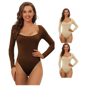 Allegra K Women's Long Sleeve Slim Fit Stretchy Square Neck Leotard Jumpsuit 3 Packs - 1 of 4