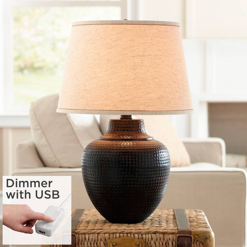 Barnes and Ivy Rustic Farmhouse Table Lamp 27 1/4" Tall with USB Dimmer Bronze Hammered Beige Drum Shade for Bedroom Living Room House Home Bedside, 2 of 10