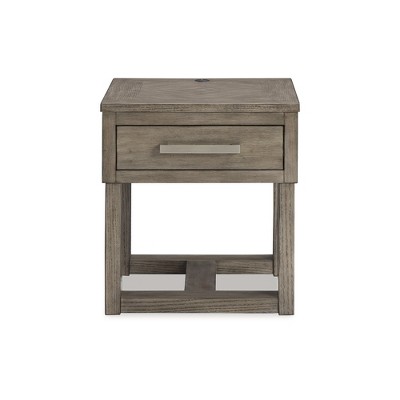 Transitional Brown and White Wood End Table with Storage and USB Charging