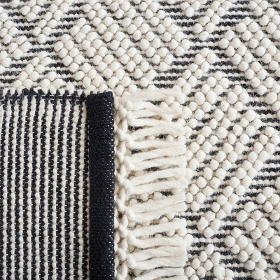 Ivory and Black Geometric Flat Woven Wool Rug, 3' x 5'