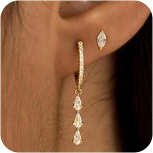 2-Pair Gold Plated Huggie Hoop Earrings with Diamond Studs & Drop Dangle, Hypoallergenic CZ Flat Back Set - 1 of 4