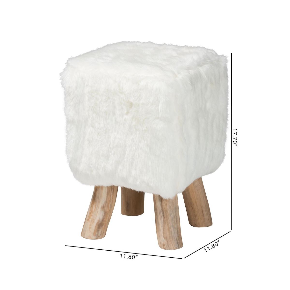 bali & pari,Scotlyn Faux Fur Footstool with Teak Wood Legs - Rustic Boho Accent, White - thumbnail 3