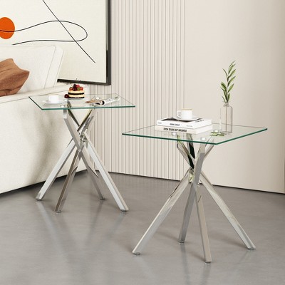 Dolonm 17.72" Square Tempered Glass End Table with Metal Legs, Set of 2, Modern Living Room Side Tables