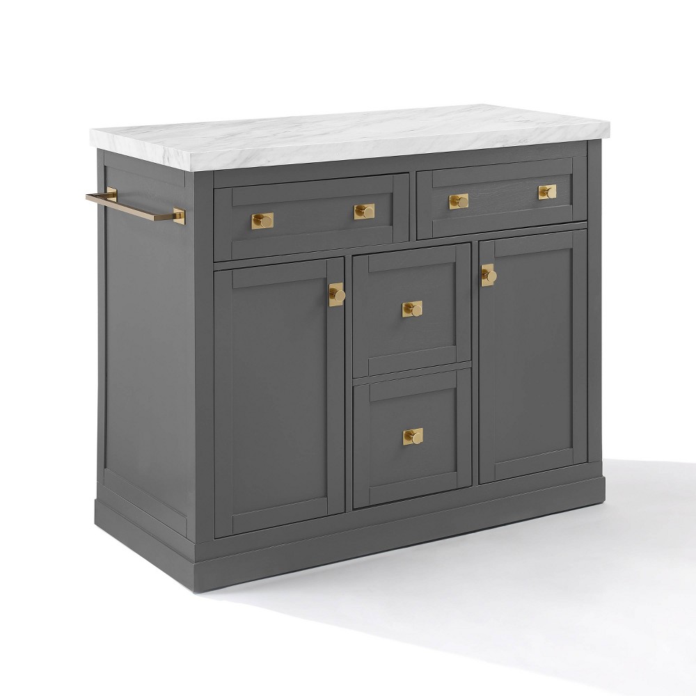 Crosley 42" Claire Kitchen Island Gray/White Marble: Storage, Faux Marble Top, Towel Bar, Hardwood