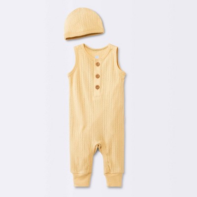 Image of Baby Pointelle Romper with Hat - Cloud Island™ Yellow Newborn