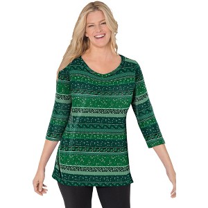 Woman Within Perfect Printed Three-Quarter Sleeve V-Neck Tee - 1 of 4