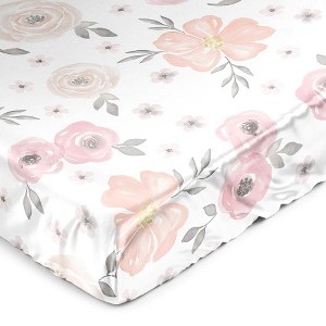 Sweet Jojo Designs Girl Satin Fitted Crib Sheet Watercolor Floral Blush Pink Grey White Gray - 1 of 4