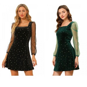 INSPIRE CHIC Women's Mesh Sheer Puff Long Sleeve Square Neck Glitter Star Mini Velvet Dress 2 Packs - 1 of 4
