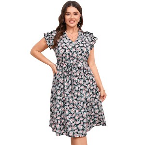 Plus Size Womens V Neck Ruffled Hem Short Sleeve Casual Summer Midi Dress with Belt - 1 of 4