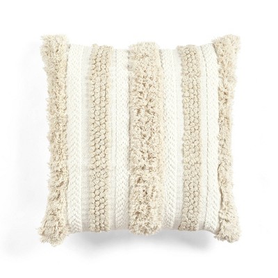 20"x20" Oversize Wilbur Tufted Cotton Family-Friendly Square Throw Pillow Cover with Tassels Ivory/Neutral - Lush Décor