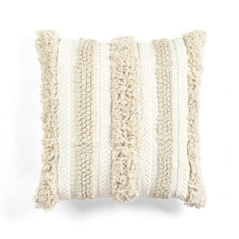 Trinity Boho Tufted Tassels Chenille Decorative Throw Pillow Covers, Beige, 18 x 18 Inches