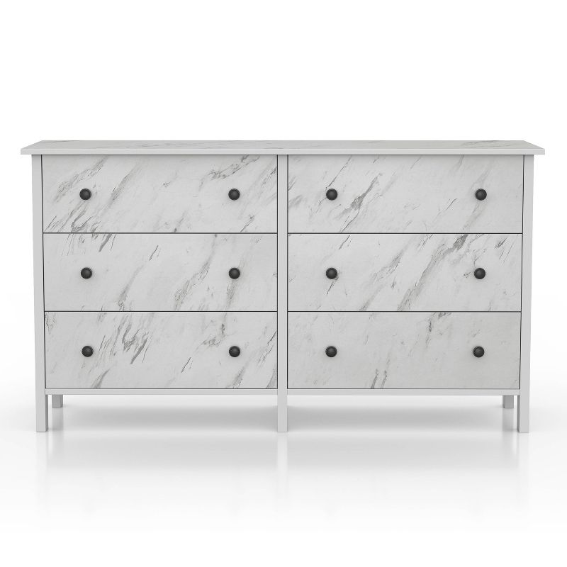 Fichte Transitional 6 Drawer Faux Marble Dresser White Marble - miBasics, 6 of 11