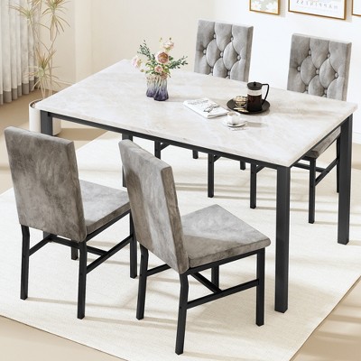 Hooseng 5-Piece Dininng Room Table Set with 4 Uphosltered Dining Chairs, Faux Marble Table Top and Metal Frame Space-Saving Dining Table Set for 4