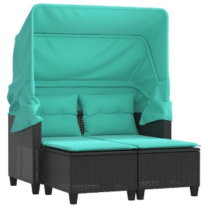 vidaXL 2-Seater Patio Loveseat with Retractable Canopy & Stools - Black Poly Rattan, Weather-Resistant, Washable Cushions - 1 of 4