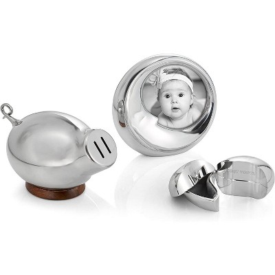 Silver Stainless Steel Piggy Bank with Acacia Wood Base