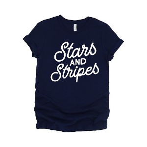 Simply Sage Market Women's Stars and Stripes Slanted Cursive Puff Print Short Sleeve Graphic Tee - 1 of 4