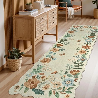 Floral rug (2'x6') for hallway, kitchen rug, ultra-thin soft, non-slip, washable, stain-resistant, bohemian style velvet rug