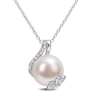 EVERLY JEWELRY | Sterling Silver 12-12.5mm White Cultured Freshwater Pearl and 1/10 CT TW Diamond Swirl Pendant with Chain, 18" - 1 of 4