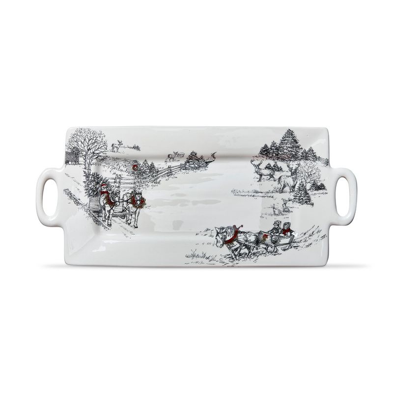 tag "Farmhouse Christmas" Collection Solid White Rectangle Earthenware Handle Platter Featuring Winter Farm Scence 20.6L x 10.1W X 1.2H-in., 1 of 4