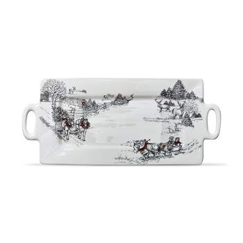 tag "Farmhouse Christmas" Collection Solid White Rectangle Earthenware Handle Platter Featuring Winter Farm Scence 20.6L x 10.1W X 1.2H-in.