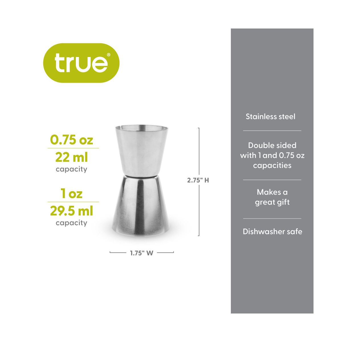 True Dual Double Jigger, Stainless Steel Cocktail Jigger, Margarita, Espresso Martini, Whiskey Sour, Wedding Gifts, Home Bar, 1 oz and 0.75 oz, Silver - thumbnail 3